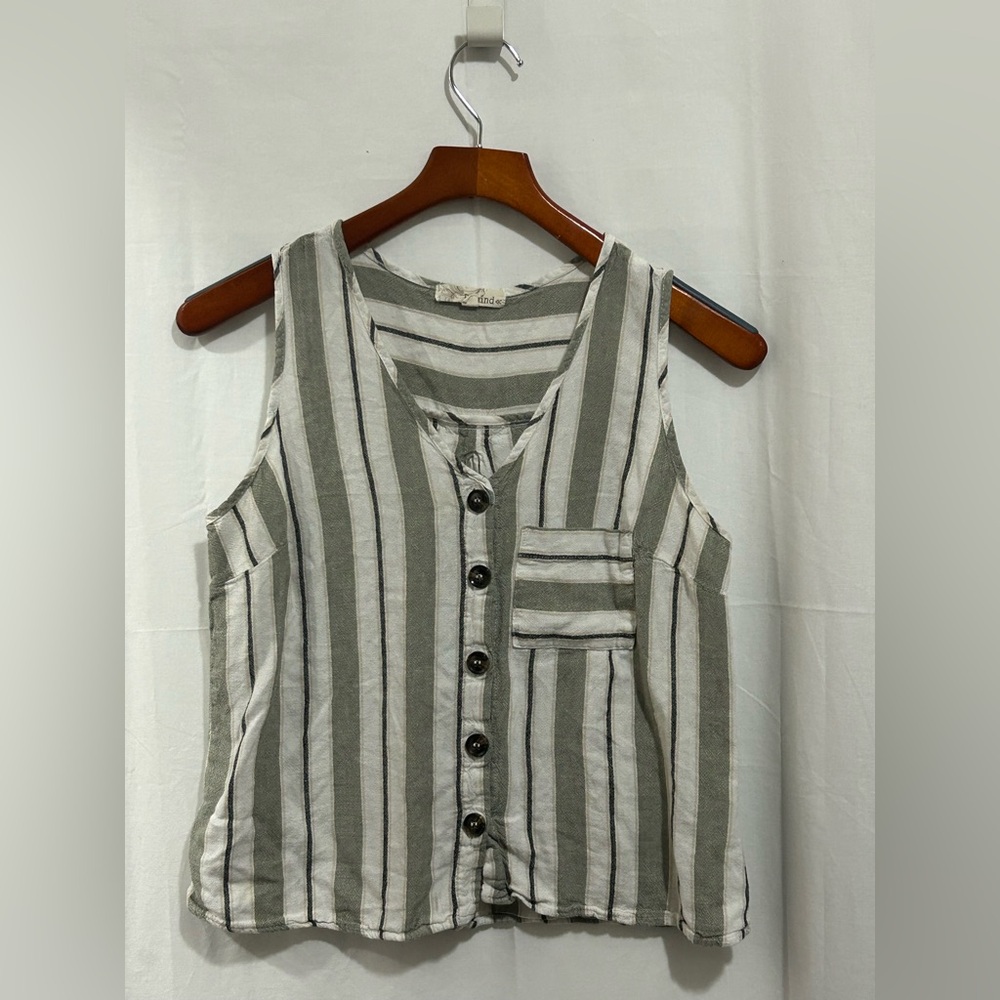 Rewind - Striped Sage Green and White Button-Up Tank Top